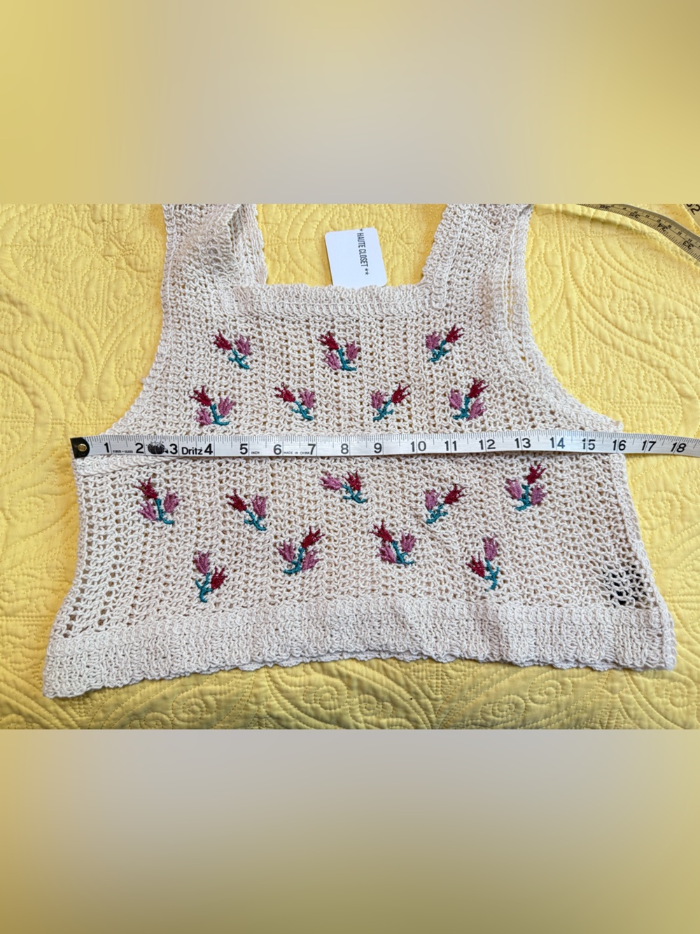 H184 POL OS fit S M Best pp16-18 Cream Crocheted Floral Tank  Pink Teal Embroid - Picture 4 of 7